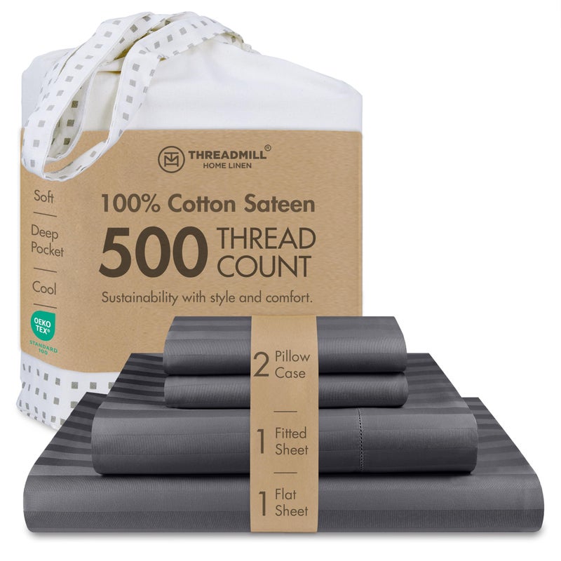 Threadmill 500 Thread Count Queen Size Damask Stripe, 4 Pc Luxury Cotton Sheet Set, Silky Smooth Dark Grey Sheets with 16" Elasticized Deep Pocket, 2 Pillowcases & Free Tote Bag - Image 1